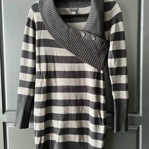 VENUS Women's Cowl Neck Striped Sweater dress - Black and Gray